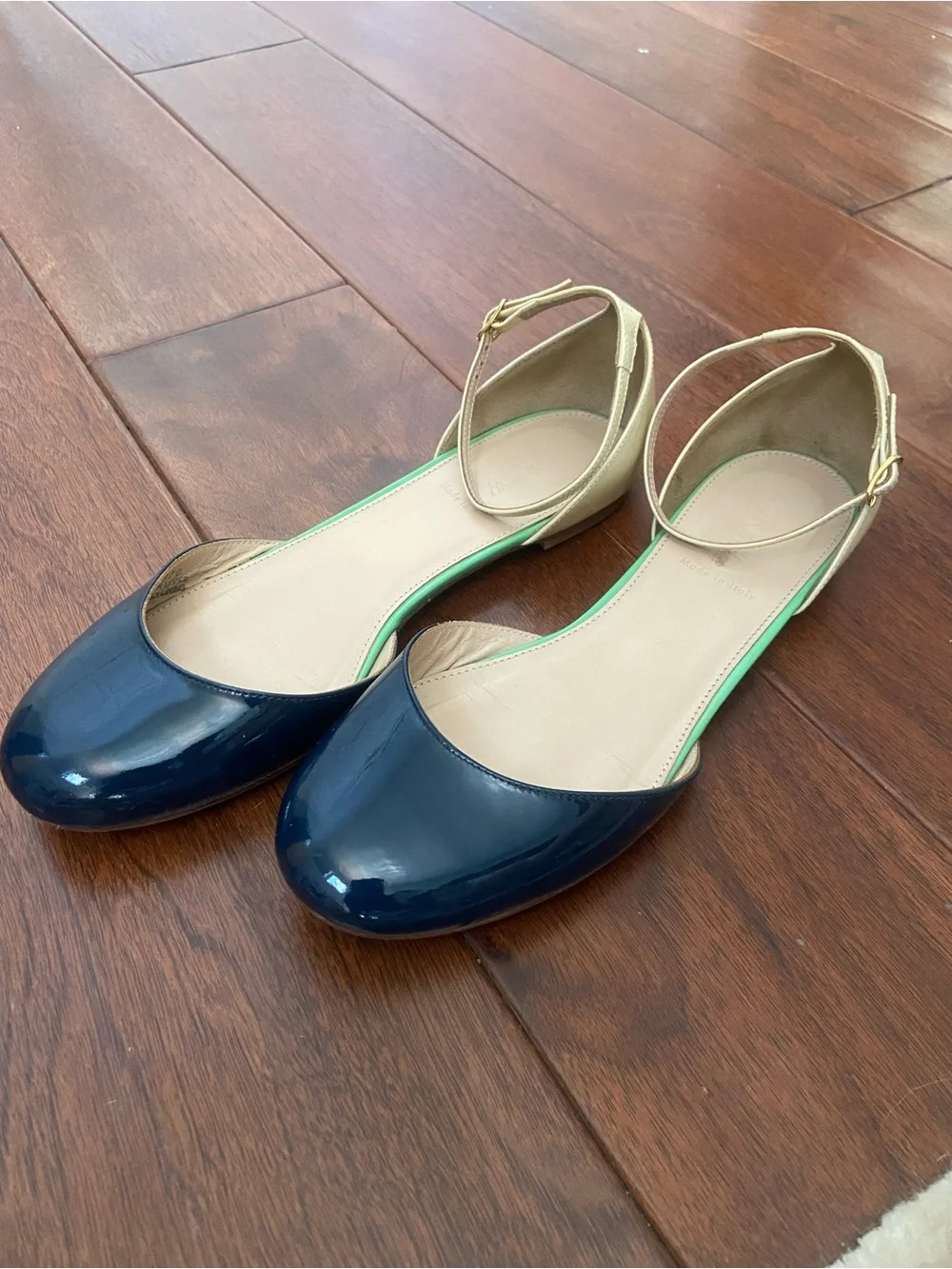 J. Crew Navy Patent D'Orsay Flats with Cream Ankle Strap